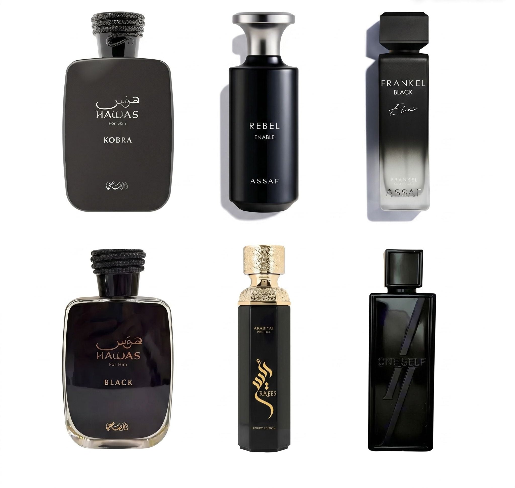 Collection of black perfume bottles with visible branding on a white background
